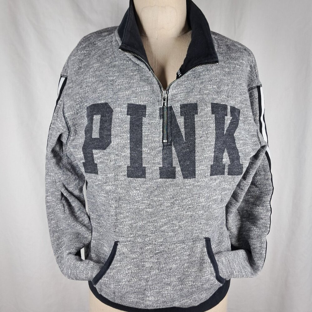 V/S PINK Limited Edition  XS Quarter Zip Pullover Front Pocket Fleece Gray White